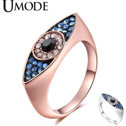 UMODE New Paved CZ Crystal Evil Eye Ring for Women Blue&Clear&Black Round Zircon Rose&White Gold Ring Jewelry Gifts AUR0500