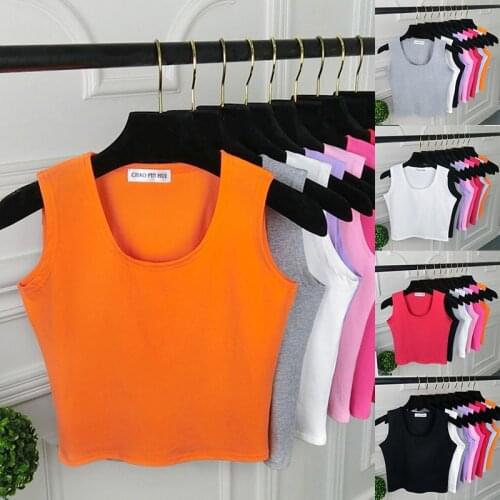Candy Color Round Neck Women T-shirt Sexy Sleeveless Camisole Crop Top Woman Tight Stretch Tank Top Ladies Tee Top Streetwear
