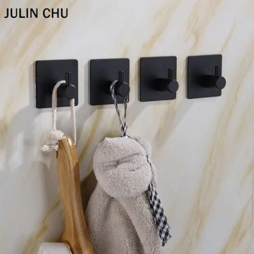 Adhesive Robe Hooks Black 304 Stainless Steel Bath Towel Hook Robe Hook Wall Hanger Bathroom Accessory Organizer Clothes Rack