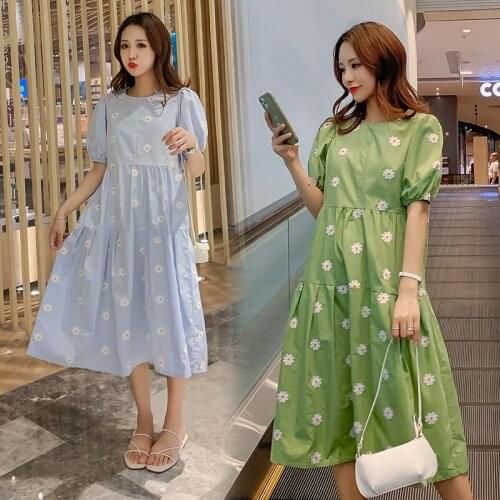 6101# Maternity Clothes Summer Cotton O Neck Short Sleeve Loose Stylish Floral Dress for Pregnant Women Pregnancy Clothes