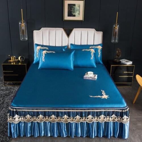 2020 new products Ice silk mat Bed spread Fitted Sheet Pillowcases 2/3 pcs Luxury Solid lace princess Bedding