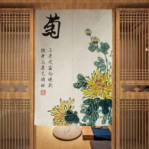 New Chinese Ink Flower Kitchen Door Curtain Bedroom Partition Curtain Bathroom Living Room Short Curtain Japanese Noren