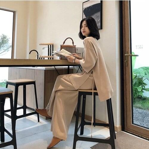 New Knitting Female Sweater Pantsuit For Women Two Piece Set Knitted Pullover V-neck Long Sleeve Bandage Top Wide Leg Pants Suit