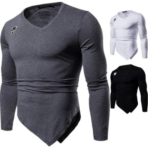 2021 Spring New Arrivals Slim Irregular V-link British Style Simple Solid Color Stretch Men Long-sleeved T-shirt Free Shipping