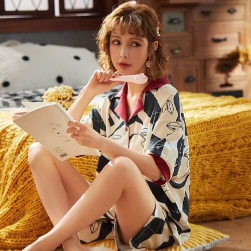 100% Cotton Pajamas for Women knitted Pajama Sets Geometric Lingerie Plus Size Pyjama Femme Night Sleepwear Shorts Men Pijama