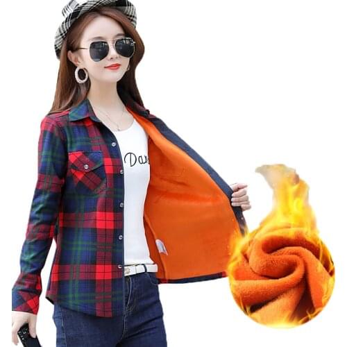 Plaid Shirt Women Fashion Autumn Winter Velvet Warm Shirt Primer Shirt Womens Check Shirts Blouse Spring Autumn Jacket Coat 4XL