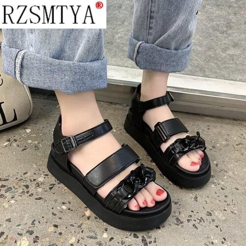 Summer Black Leather Gladiator Sandals for Women Three Buckle Platform Sandals Women Street Style Flat Roman Shoes Woman