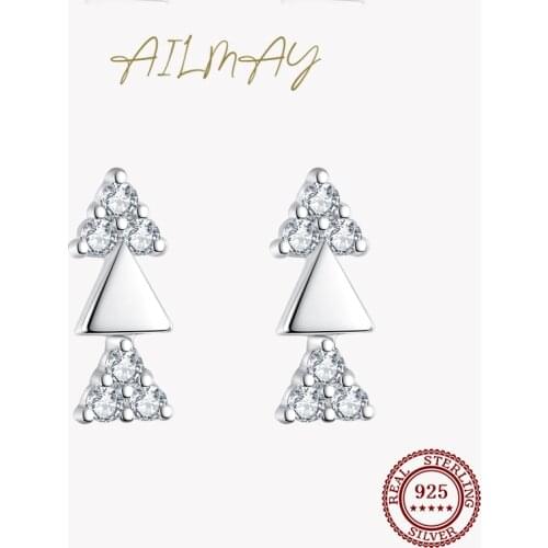 Ailmay Real 925 Sterling Silver Exquisite Triangle Shape Earrings Clear Zircon For Women Girls Party Accessories Jewelry