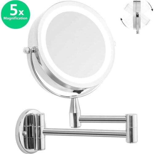LED Double-Sided Magnifying Makeup Mirror, 6.0"15cm Diameter 1X/5X Adjustable Wall Mounted 360 Rotating Extendable Swivel Mirror