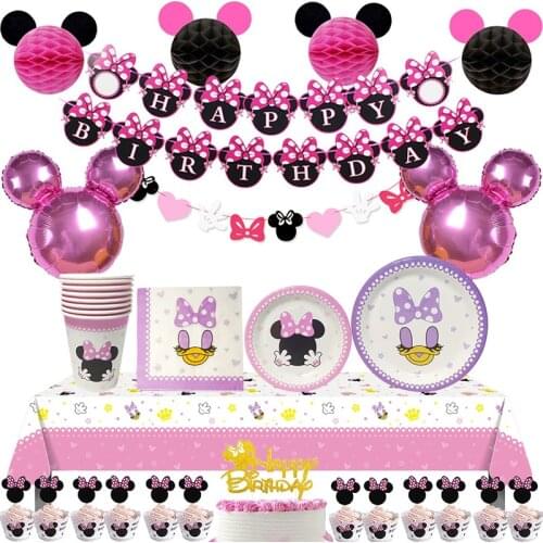 Minnie Mouse Theme Disposable Tableware Set Kids Birthday Party Supplies Paper Plate Cup Napkin Flag Girl Decoration
