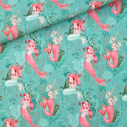 110cmx100cm Cotton Woven Fabric for textile, pathwork, cloth - Mermaid and sea plants （170g/m)