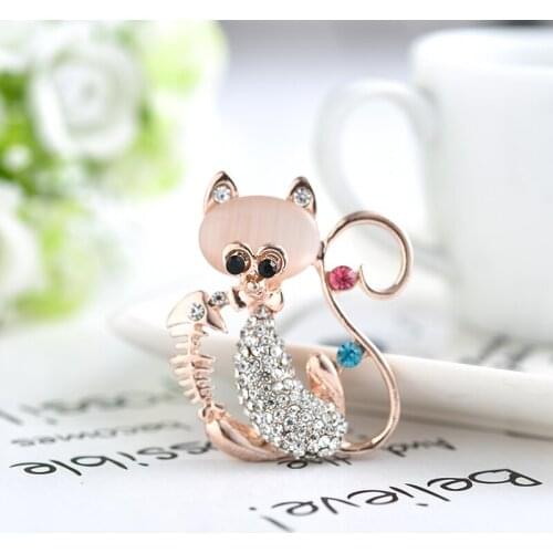TODOX Opal Stone Brooch fashion cartoon animal cat fish pins gold filled multicolor crystal ladies jewelry man Gifts Accessories