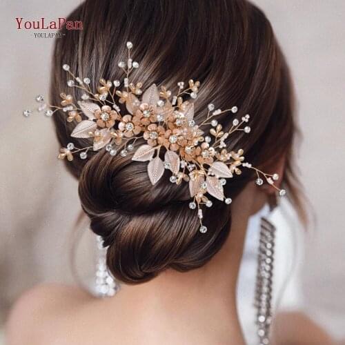 YouLaPan HP358 Alloy Flower Bridal Hair Comb Gold Leaf Headdress Rhinestone Headwear Handmade Women Wedding Hair Accessories