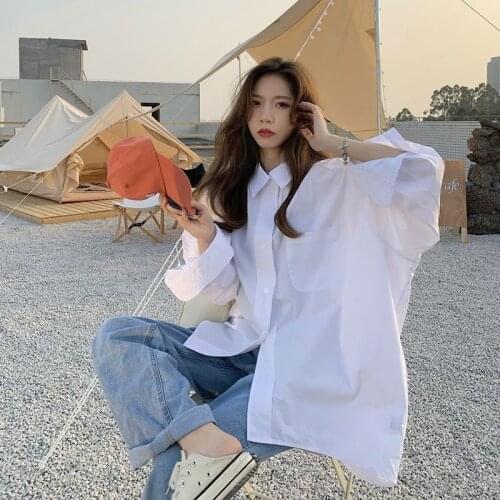 Zadily 2021 Autumn Minimalist Oversize Womens White Shirt Blouse Long Sleeve Button Up Basic Shirts Casual Loose Female Clothing