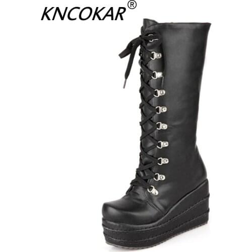KNCOKAR Large Sizes 31-43 Customized Fashion Punk Boots Woman Shoes Platform Winter Wedge High Heel Knee Thick Bottom High Boots