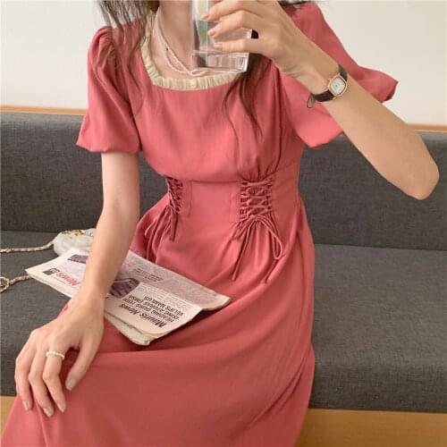 2021 New Women Summer Pink Long Bandage Dress Puff Sleeve Lace Square Collar Slim Waist A-line Maxi Sundress