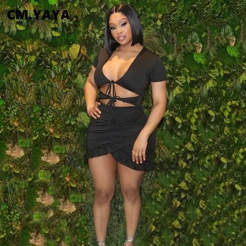 CM.YAYA Women Dress Solid Short Sleeve V-neck Bandage Cut Out Bodycon Dresses Sexy Fashion Streetwear Summer Outfits 2021