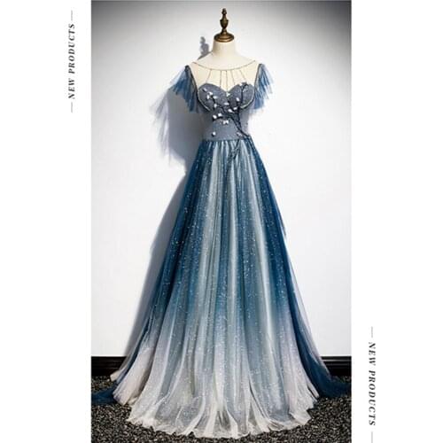 Robe De Soiree A-line Blue Evening Dresses Long Dress Formal Party Dress Vestido De Festa Sexy Scoop Neck Evening Dress 2020