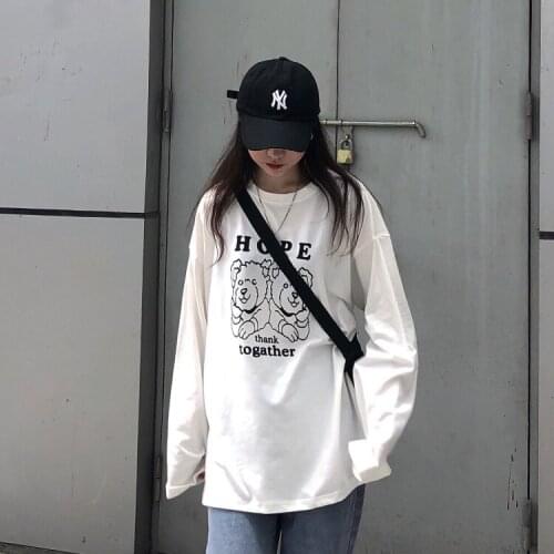 Casual Spring Summer Tops Harajuku Long Sleeve Tshirt Womens Ladies Harajuku Cute Bear Korean T Shirts Ropa Mujer Camisetas