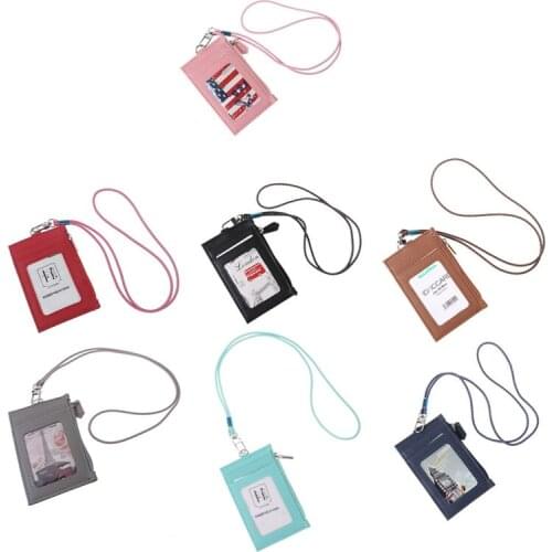 Women Business Card Holder Wallet Men PU Leather ID Cards Holders Case Neck Strap Lanyard Ladies Fashion Mini Slim Wallets