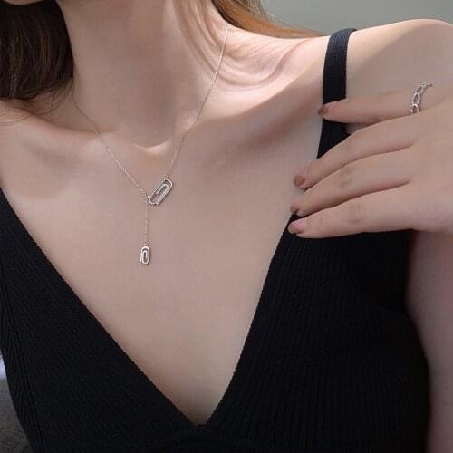 ModaOne Paper Safety Pin Tassel Silver Color Cubic Zirconia Clavicle Chain Necklace For Women Girls Simple Dainty Jewelry