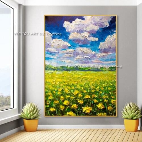 Handmade Clouds Sky Abstract Landscape Oil Painting Green Modern Art Home Wall Decor white sky beach cottage farm decoration