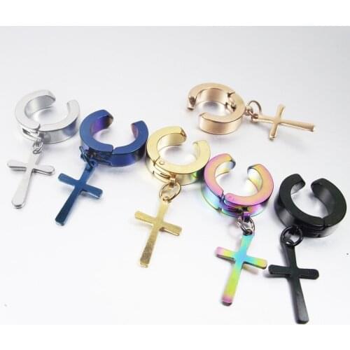 SaYao 2 Pieces Rose Gold Stainless Steel Earring Ear Clip Men Punk Cross Earring Crosses Fake Earrings Body Piercing Jewelry