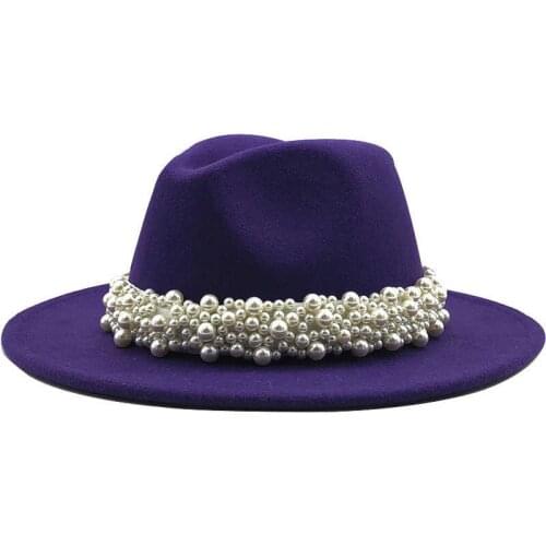 Women Wool Fedora Hat With pearl Ribbon Gentleman Elegant Lady Winter Autumn Wide Brim Church Panama Sombrero Girl Jazz Cap