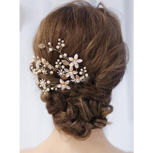 Vintage Gold Leaves and Floral Bridal Headband Bohemian Headpiece Crystal Pearl Hair Vine Flower Halo Wedding Hair Accessories