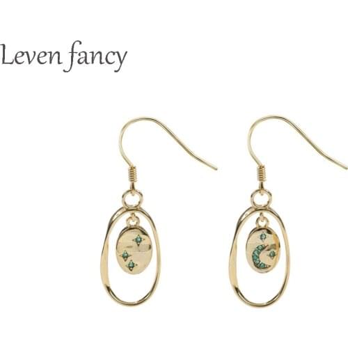 Gold 925 Sterling Silver Emerald Green Zircon Coin Charm Earrings with Moon and Star Women Geometric Circle Dangle Drop Earring