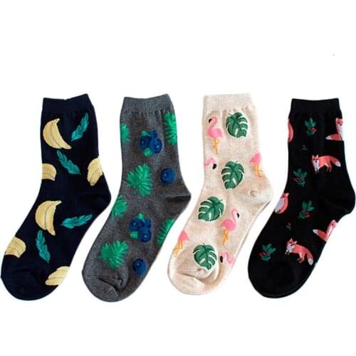 Women Funny Blueberry Banana Pink Flamingo Fox Leaves Short Socks Lovely Female Pink Bird Fruit Animal Combed Cotton Sock