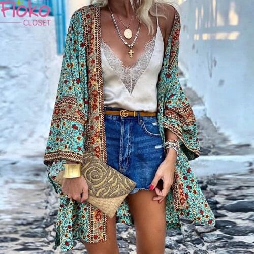 Flokocloset Autumn Open Front Bohemian Floral Printed Cardigan Blouse Kimono Casual Loose Beach Tops Vintage Long Sleeve Blusas