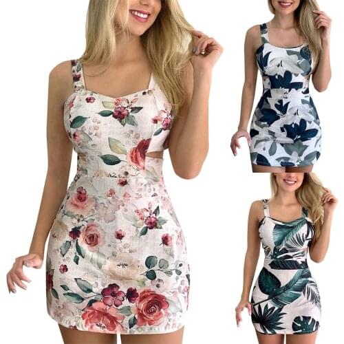 Women Summer Sleeveless Dress Off Shoulder Adults Sexy Slim-fit Plant Print U-shaped Neck Cutout Dresses