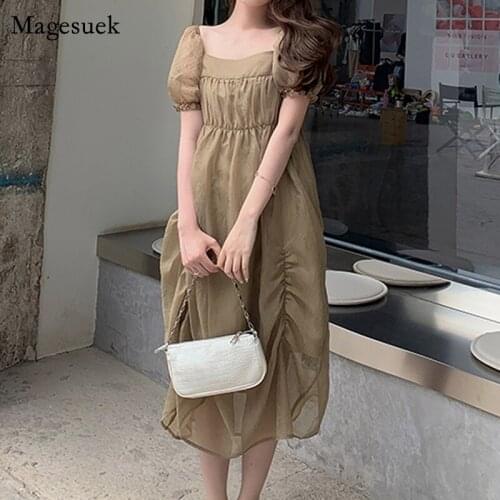 2021 New Summer Dress Sweet French Style Square Collar Good Quality Women Dress Short Puff Sleeve Midi Long Dress Vestidos 14104