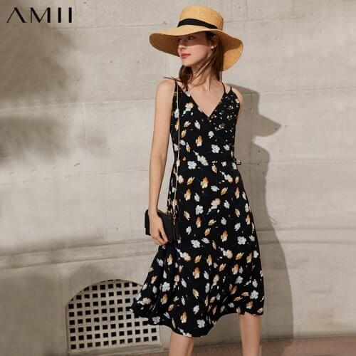 Amii Minimalism Fashion Dress For Women Offical Lady Printed Sling Womens Causal Beach Dress Womens Party Dress 12190001