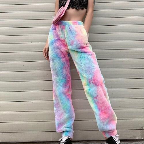 Winter Fashion Women Warm Tie Dye Elastic High Waist Ankle Tied Pocket Pants