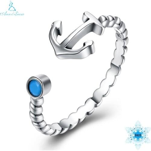 Ann & Snow Authentic 925 Sterling Silver Light Blue Stone Anchor Women Open Finger Ring Sterling Silver Fine Jewelry Gift