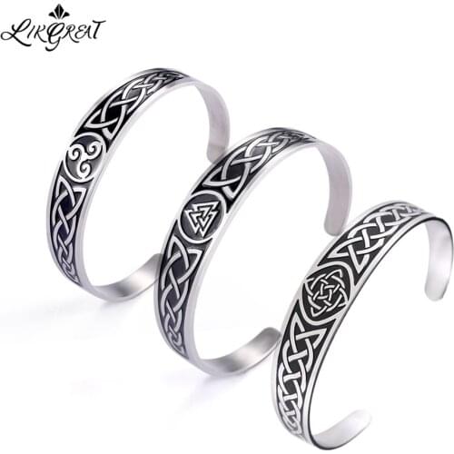 LIKGREAT Wicca Symbol Triskel Men Bangles Religious Charm Irish Celtics Knot Vintage Stainless Steel Bangle Jewelry pulseras