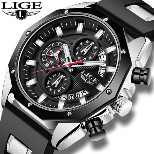 2020 LIGE Sport Chronograph Mens Watch Leather Band Wristwatch Big Dial Quartz Watches with Luminous Pointers Relogio Masculino