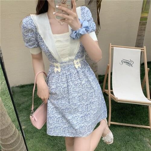 Floral Print Puff Short Sleeve Women Dress French Elegant Blue Dresses Elegant Ruffles Sweet Summer Beach Wear Boho Dress