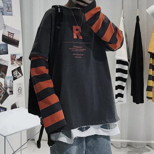Cotton stripe long sleeve T-shirt for mens early autumn clothes trend Korean version loose and versatile ins fake two piece