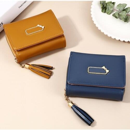 Womens Short Tassel Wallet High Capacity Photo Card Holder Metal Bow Zipper Hasp Coin Purse Money Bag Ladies Casual Clutch