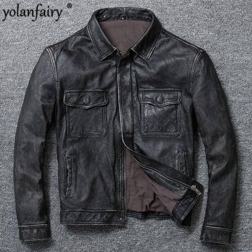 Leather Jacket Men Real Cow Leather Coat for Men Style of Vintage Smart Casual Short Plus Sized Spring and Autumn 2020 U1790