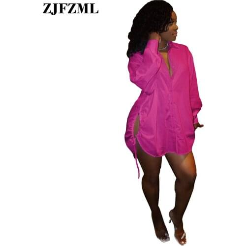 Simple Womens Solid Blouse & Shirt Dress Turn Down Collar Single-breasted Loose Vestidos Chic Ruched Drawstring Short Blusas