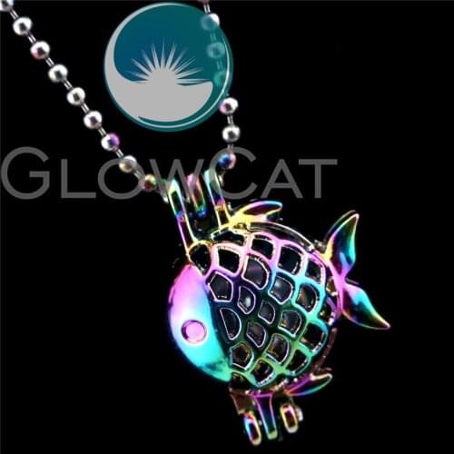 R-C19 Rainbow Colors Sea Fish Beads Cage Pendant Essential Oil Diffuser Aromatherapy Pearl Cage Locket Necklace