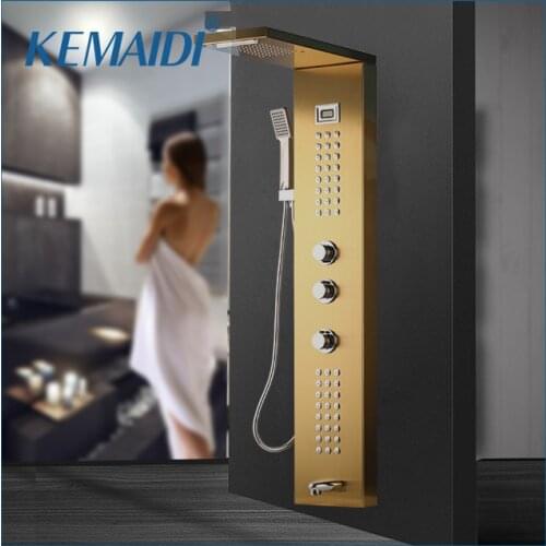 KEMAIDI Golden Black Nickel Brushed Digital Display Shower Panel Column Rain Waterfall Shower Spa Jets Bath Shower Mixer Faucet