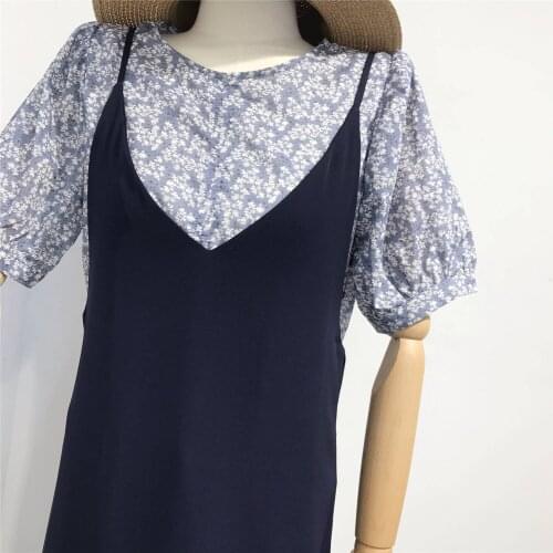 Spring Hangzhou 2021 and summer new round neck shirt princess sleeve with suspender Chiffon Skirt Suit