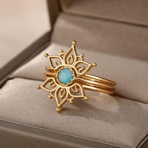 Vintage Opal Lotus Rings For Women Stainless Steel Gold Lotus Flower Ring Party Couple Jewelry Gift Bague Bijoux Femme