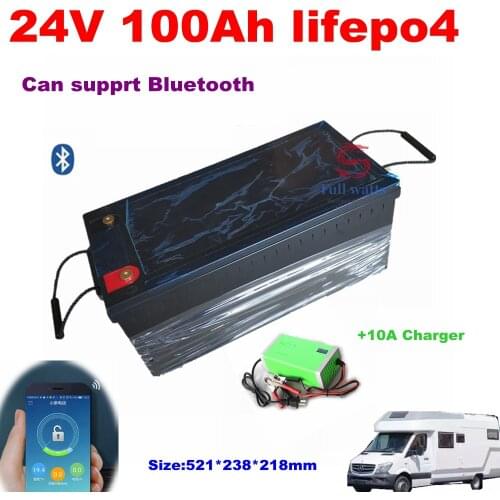 Waterproof 24V 100AH lifepo4 lithium Battery bluetooth BMS APP for 2400W motorhomes Solar energy RV EV AGV + 10A Charger