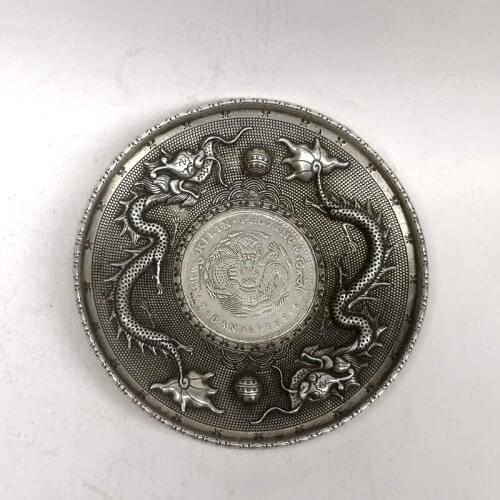 YIZHU CULTUER ART Collection Old China Tibet Silver Carving Dragon Inlay Coin Dish Decoration Gift